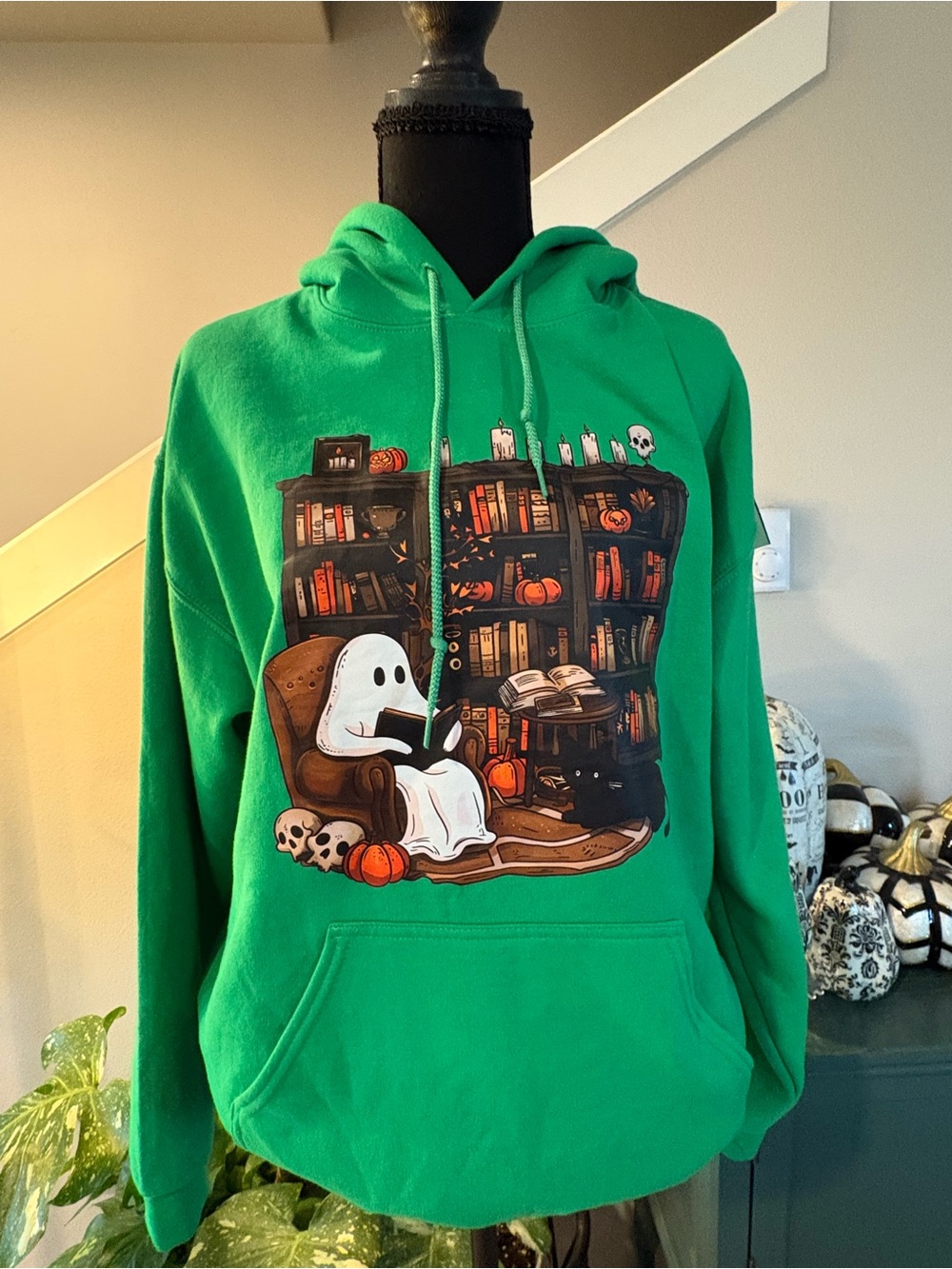 Gildan Bright Green Ghost & Books Graphic Hoodie